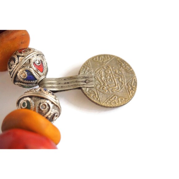 Berber Coin Necklace: Enamel & Copal Beads, Moroccan Tribal Style - Picture 7 of 10